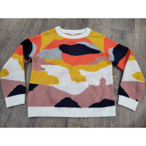 THML CAMO Pullover Sweater Size Crewneck XS Yellow Black Gray Mauve Ivory